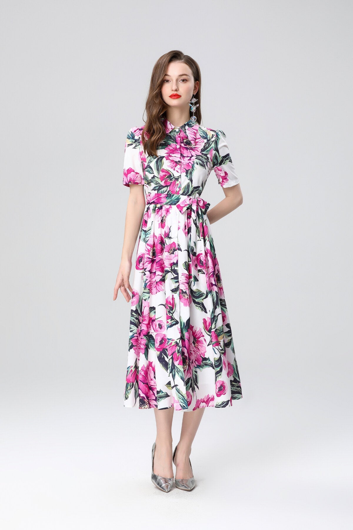 Summery Floral Midi Shirt Dress